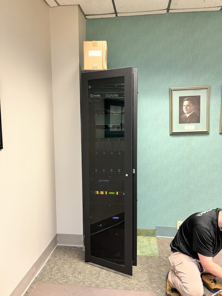 Professional AV equipment rack for Iberia Parish School District boardroom