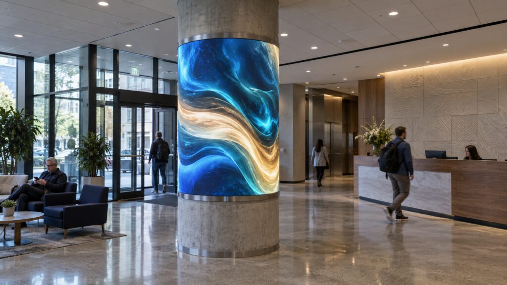 Cylindrical LED column wrap in a modern office lobby displaying blue and gold motion graphics near the reception desk