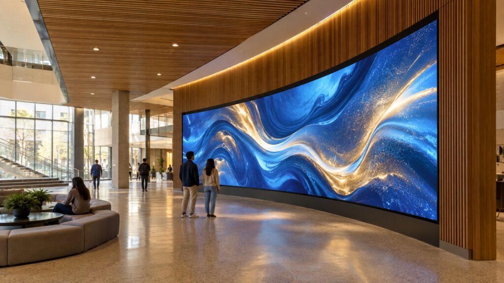 Custom curved LED video wall following a wood-slat lobby wall, showing blue and gold abstract art as visitors watch