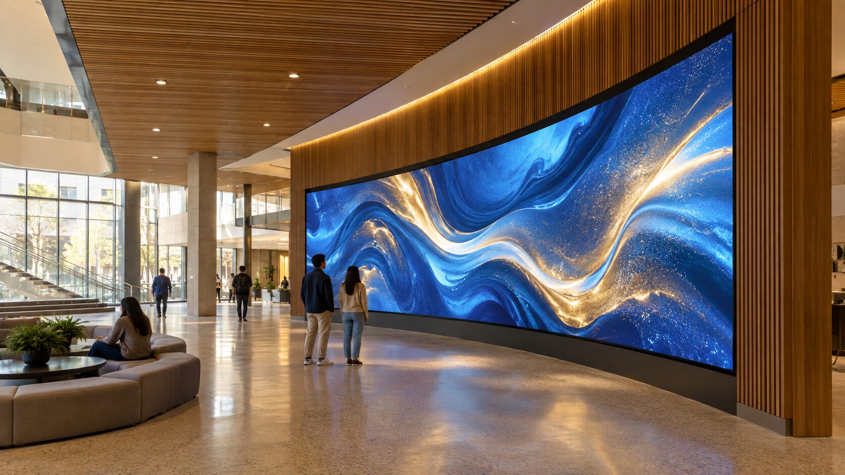 Custom curved LED video wall following a wood-slat lobby wall, showing blue and gold abstract art as visitors watch