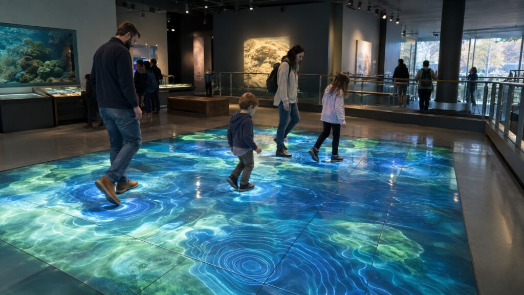 Interactive LED floor in a museum exhibit with water-ripple graphics beneath a family walking across it