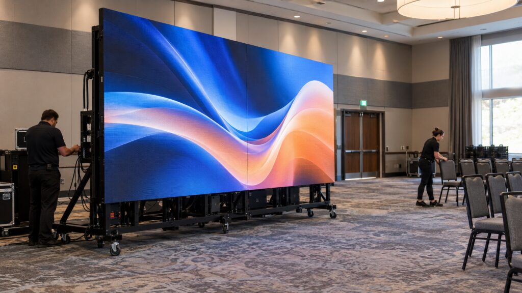Mobile all-in-one DVLED video wall on a rolling stand being set up by AV technicians in a hotel ballroom
