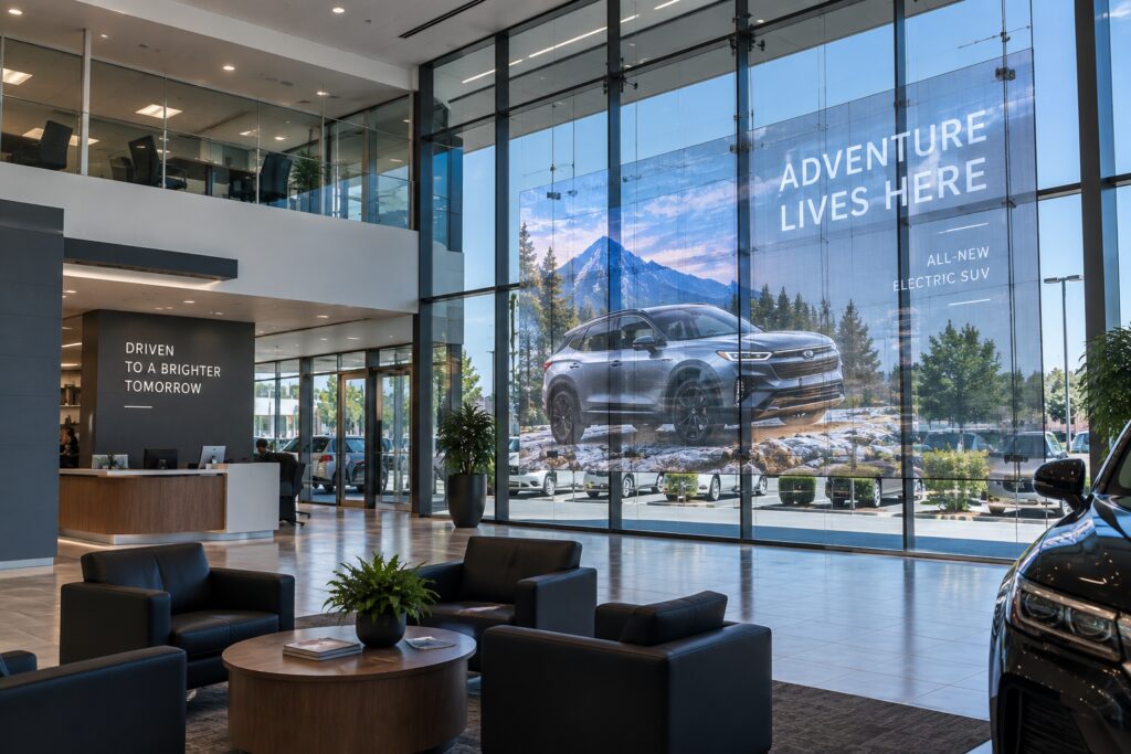 Transparent LED display on a car showroom glass wall showing an electric SUV ad while the view outside stays visible